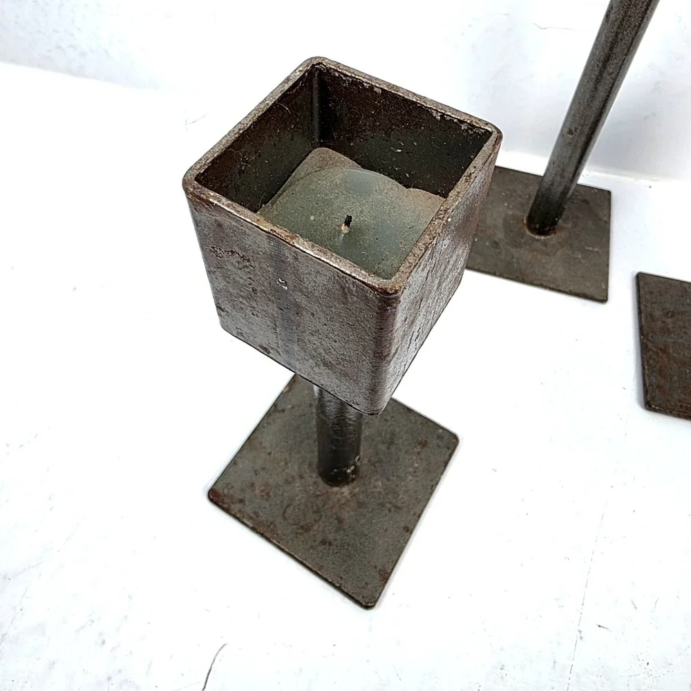 Vtg Candle Holders Set of 3 MCM Brutalist Iron Industrial Minimalist Plant Stand